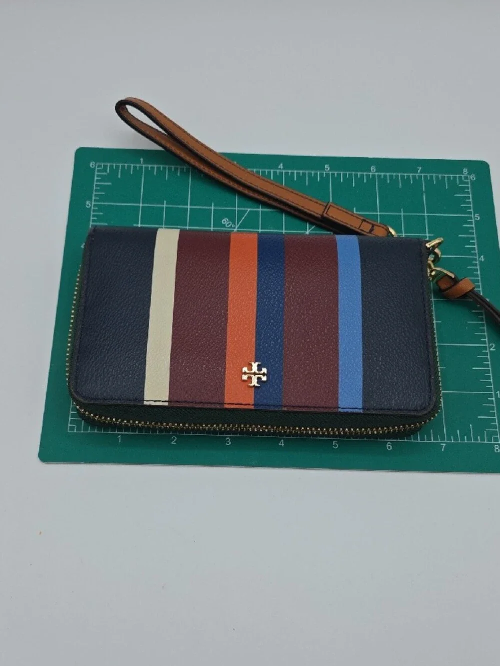 Tory Burch Navy Multicolor Stripe Zip Wristlet